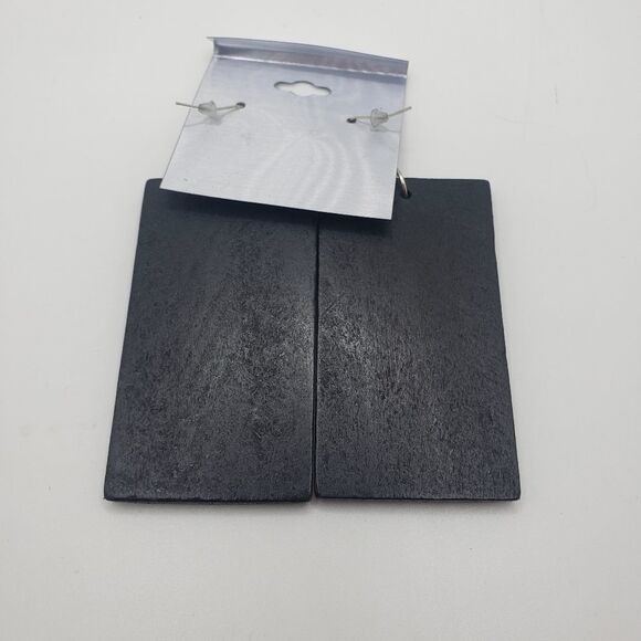Boho Long black wood rectangle block earrings - Picture 2 of 4